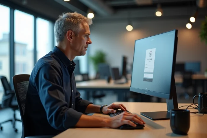 Homme accédant à son compte de blog sur un ordinateur de bureau dans un espace de coworking