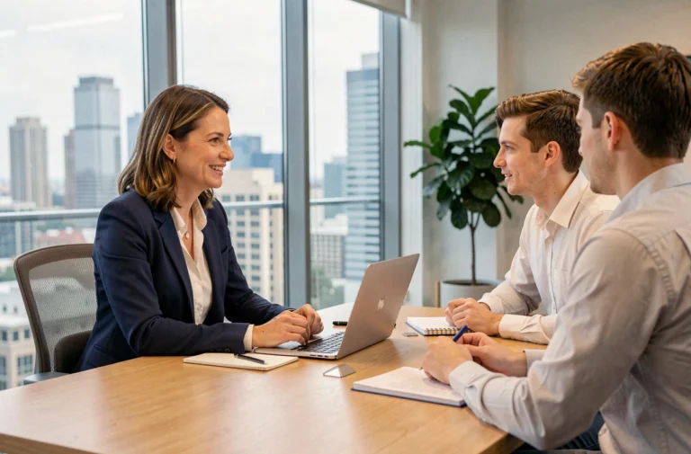 Coach professionnelle accompagnant un client en séance de conseil personnalisé dans une salle de réunion moderne