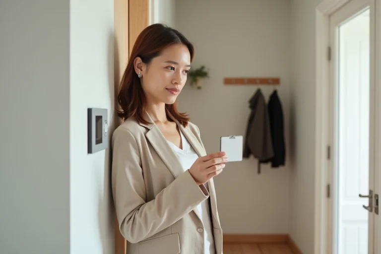 Femme utilisant un badge RFID pour activer son alarme Verisure près de la porte d'entrée de son domicile