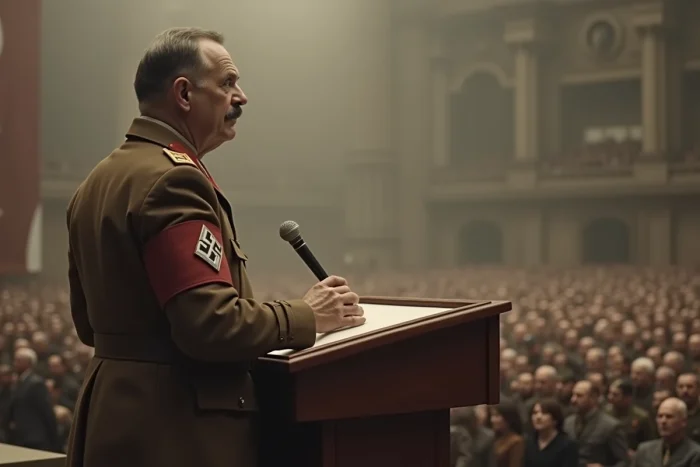 Portrait d'un homme en uniforme politique brun avec brassard, debout derrière un podium dans une grande salle de rassemblement en pierre, foule floue en arrière-plan