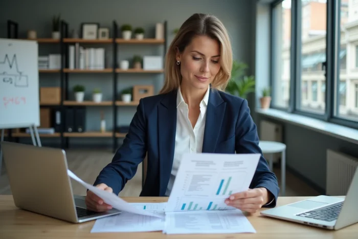 Agent immobilière professionnelle analysant des documents d'estimation de valeur immobilière dans un bureau moderne