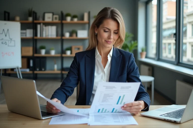 Agent immobilière professionnelle analysant des documents d'estimation de valeur immobilière dans un bureau moderne