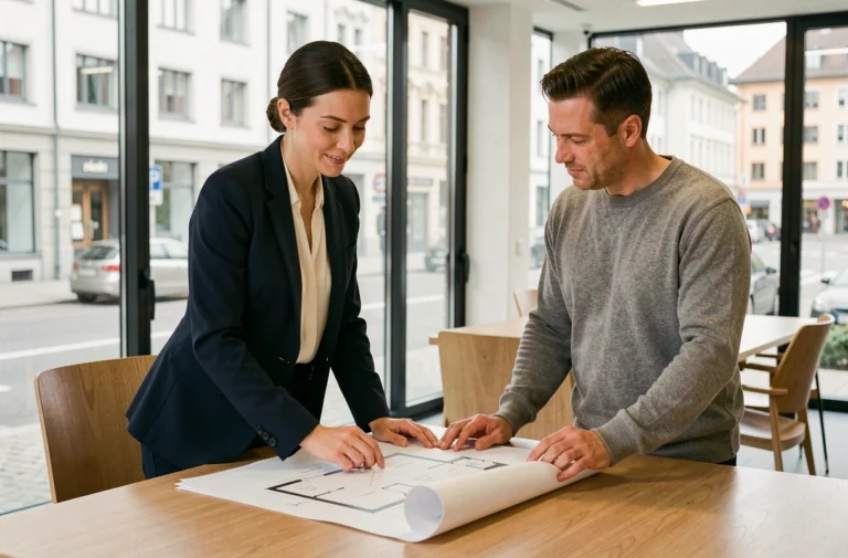 Agent immobilière suisse présentant des plans d'architecte à un client dans une agence moderne à Zurich