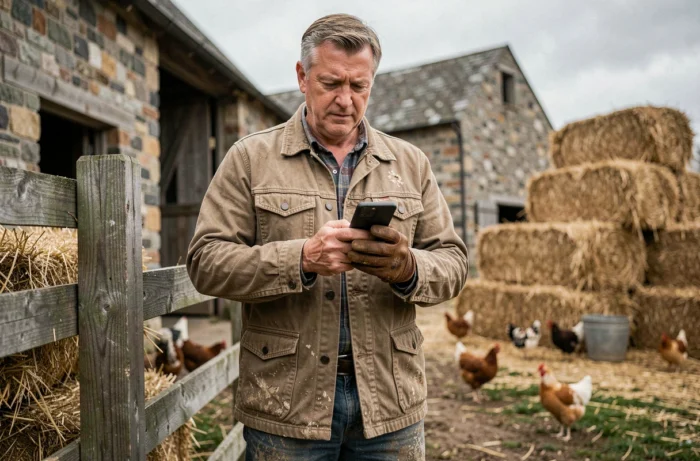 Agriculteur lisant des demandes en ligne sur son smartphone devant une grange de ferme