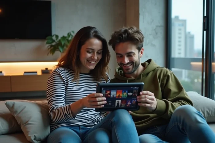 Deux amis choisissant un film à regarder gratuitement sur une plateforme de streaming en ligne