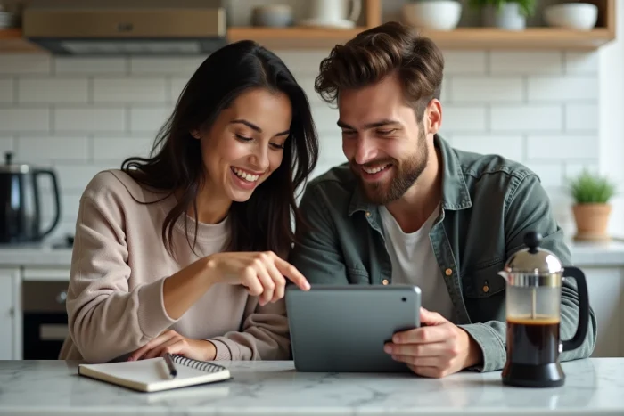 Deux amis collaborant sur une tablette pour résoudre des niveaux difficiles d'un jeu d'escape room dans une cuisine moderne