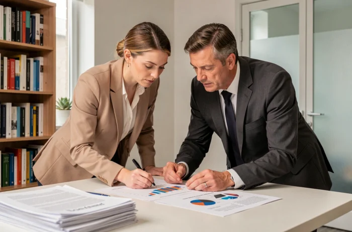 Deux professionnels analysant des rapports de performance et des indicateurs de croissance dans un cabinet de conseil