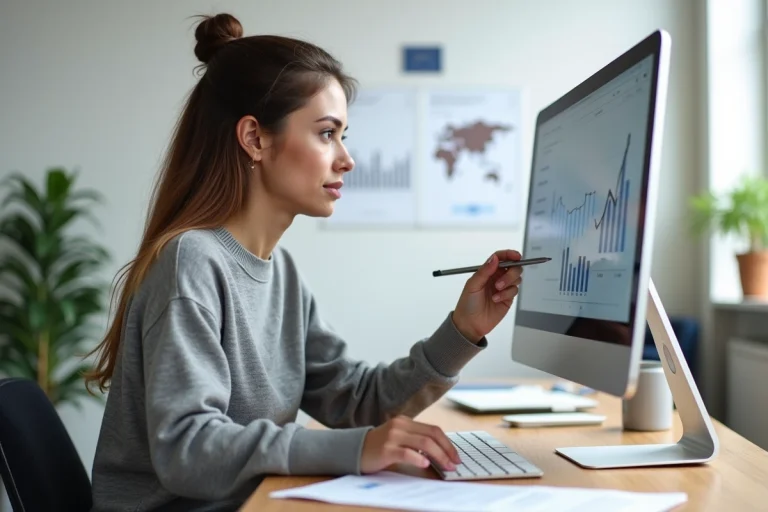 Femme analysant des données SEO sur un écran d'ordinateur avec des graphiques de classement de mots-clés
