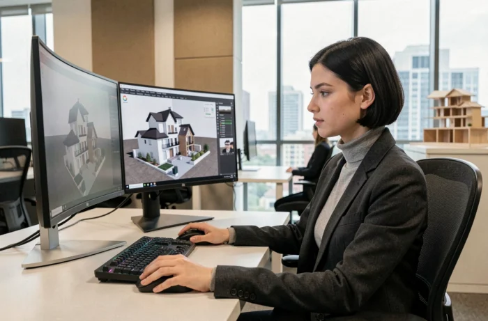 Jeune architecte féminine utilisant deux moniteurs ultrawide et une souris 3D professionnelle pour la modélisation architecturale dans un bureau open-space moderne