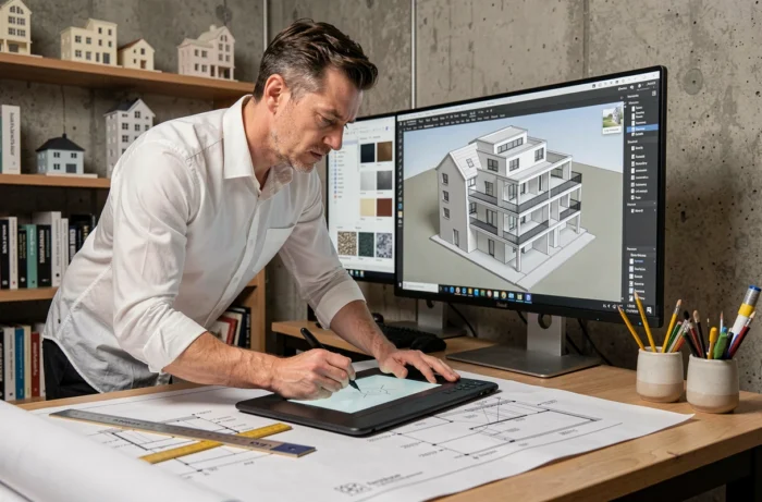 Architecte masculin travaillant sur une tablette graphique professionnelle connectée à un workstation avec logiciel de modélisation 3D dans un studio d'architecture moderne