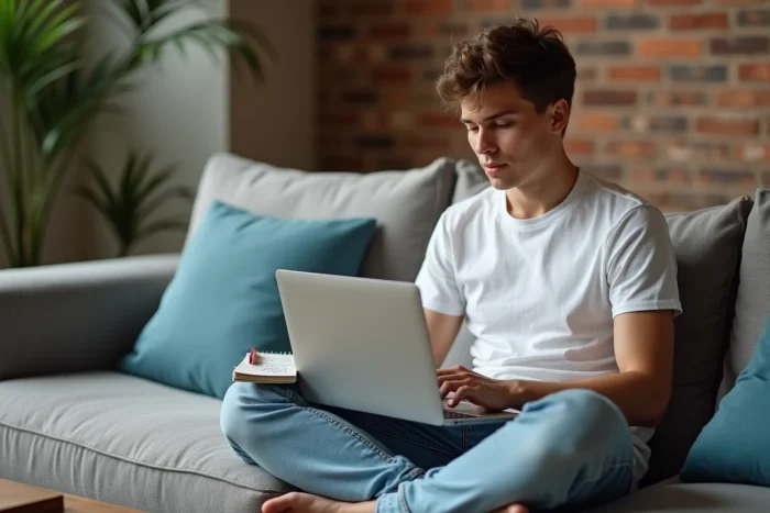 Jeune adulte associant un compte Google sur un ordinateur portable dans un salon urbain