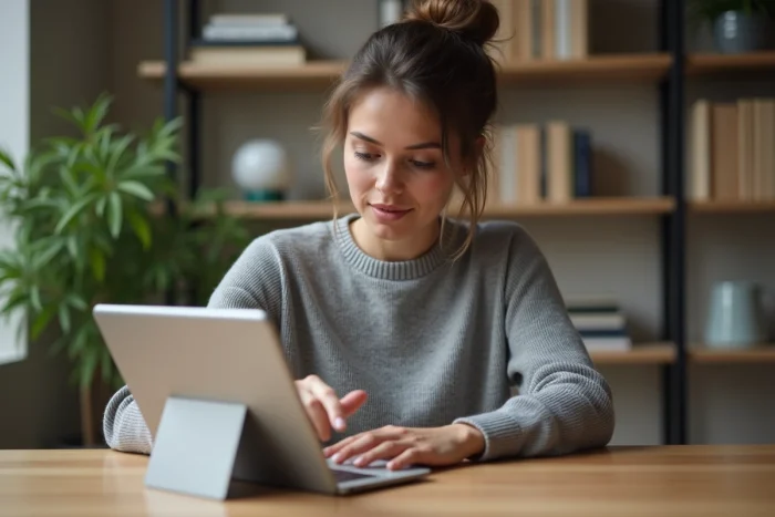 Femme associant un compte Google à une tablette dans un bureau à domicile moderne
