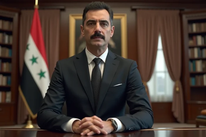 Portrait d'un homme moyen-oriental mince en costume sombre, assis derrière un grand bureau dans un bureau présidentiel syrien avec drapeau national et aperçu flou d'un paysage urbain