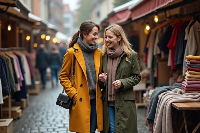 Deux femmes faisant des affaires dans un marché en plein air, examinant des accessoires et vêtements tendance