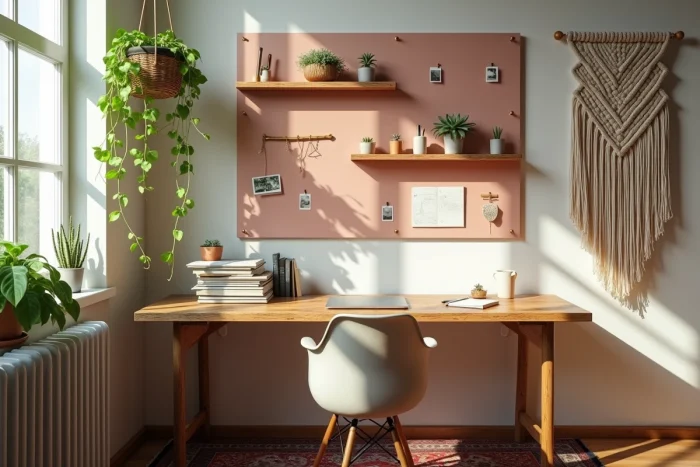 Bureau bohème à domicile avec tableau pegboard rose, plantes suspendues et bureau en bois recyclé décoré d'objets artisanaux