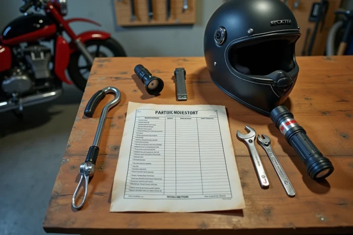 Checklist mécanique et documents de contrôle posés sur un établi de garage pour préparer l'achat d'une moto d'occasion