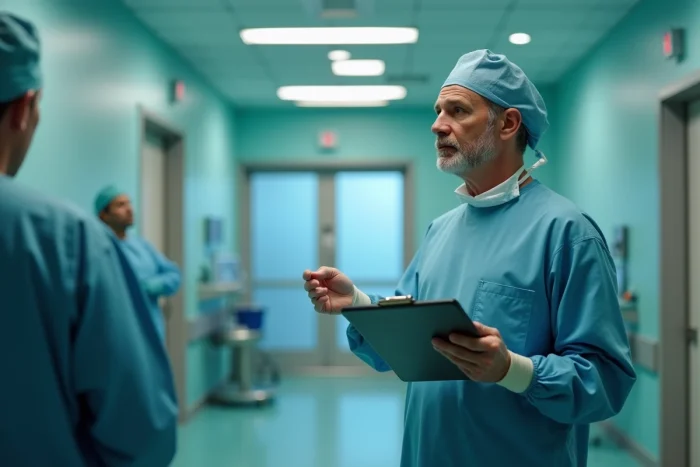 Chirurgien spécialiste en neurochirurgie devant un bloc opératoire dans un hôpital de Rennes