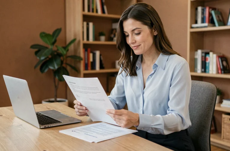 Femme examinant des documents d'assurance auto à son bureau à domicile pour choisir la meilleure couverture