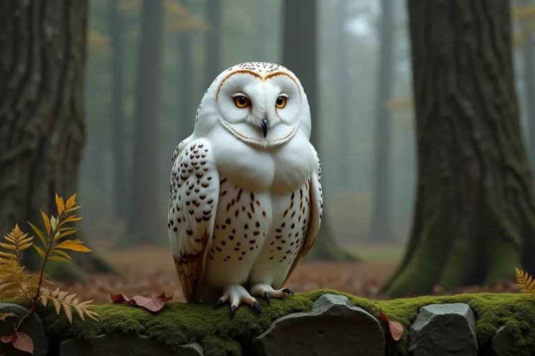 Chouette blanche majestueuse perchée sur un vieux mur de pierre moussu en forêt, symbole de sagesse et de mystère dans l'univers des animaux fascinants