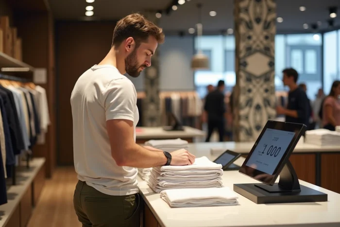 Client masculin achetant des vêtements Zara à la caisse d'un magasin à Lisbonne, Portugal, avec affichage des prix en euros