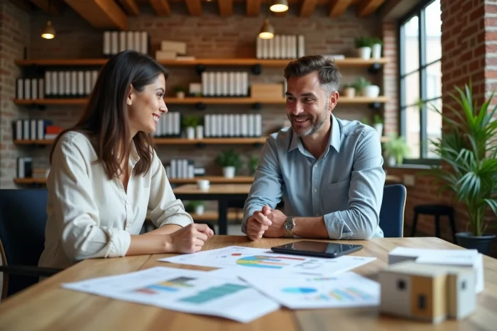 Deux collègues discutant de stratégies d'investissement immobilier autour de rapports et graphiques sur une tablette dans un espace de coworking