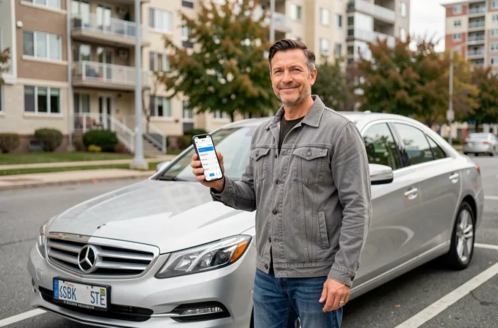 Homme comparant des offres d'assurance auto sur smartphone devant sa voiture en ville