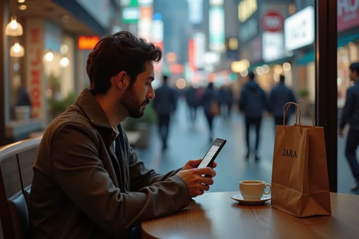 Homme analysant une comparaison de prix Zara entre le Japon et l'Europe sur smartphone dans un café de Tokyo