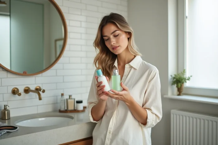 Femme comparant deux produits cosmétiques haut de gamme de marques concurrentes dans une salle de bain moderne
