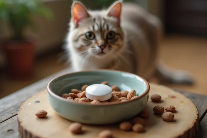 Comprimé antibiotique dissimulé dans la gamelle d'un chat pour faciliter la prise du médicament clavaseptine