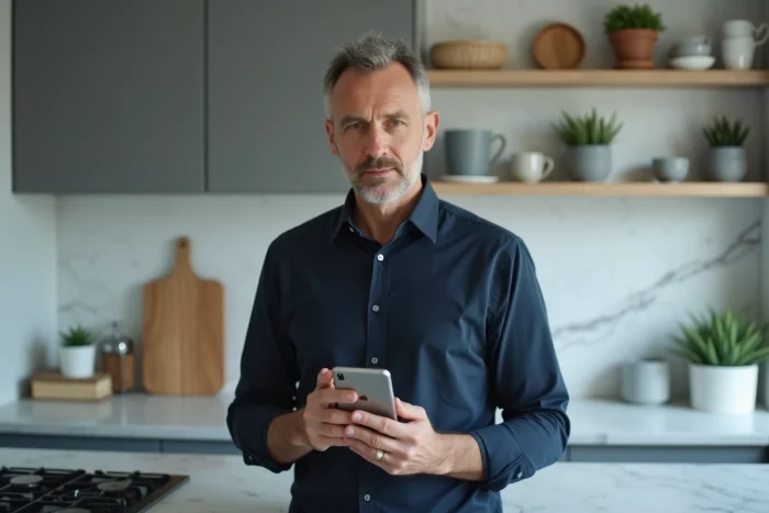 Homme configurant un compte Google sur un smartphone Android dans une cuisine moderne