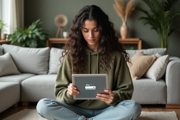 Jeune femme se connectant à son compte Overblog sur une tablette depuis son salon
