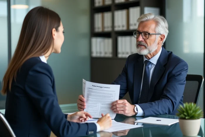 Conseiller bancaire présentant les modalités du prêt Modulimmo à une cliente dans un bureau professionnel