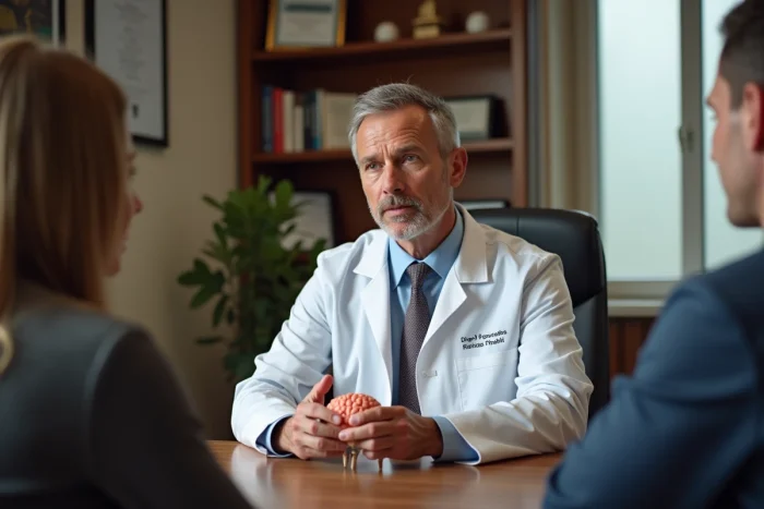 Médecin neurochirurgien en consultation privée expliquant un diagnostic à un patient dans une clinique à Rennes