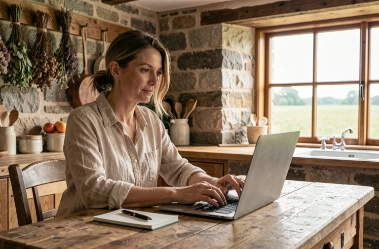 Femme contactant une ferme locale en ligne depuis une cuisine rustique avec un ordinateur portable
