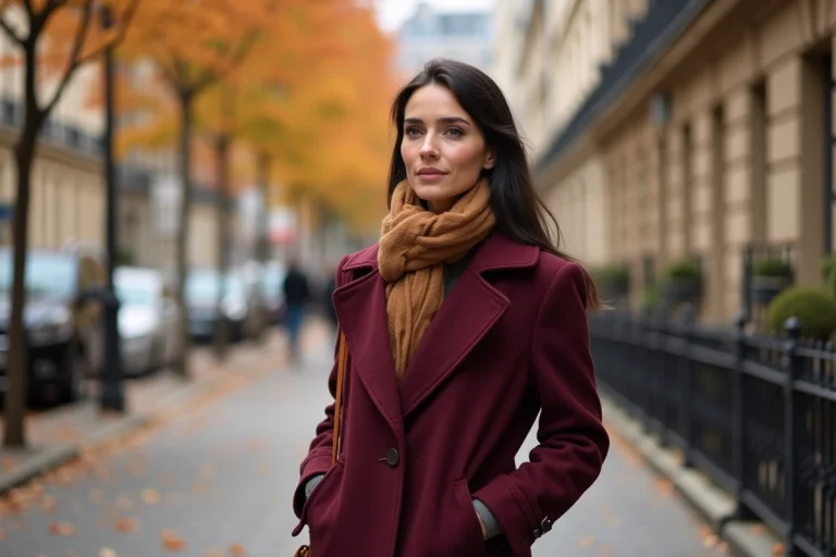 Femme portant un manteau bordeaux tendance automne-hiver 2025 dans une rue pavée parisienne entourée de feuilles dorées
