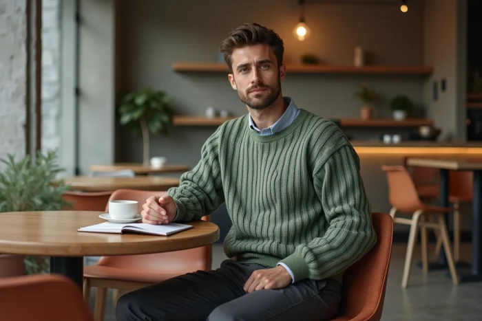 Homme en pull vert sauge tendance automne-hiver 2025 assis dans un café scandinave aux tons terreux