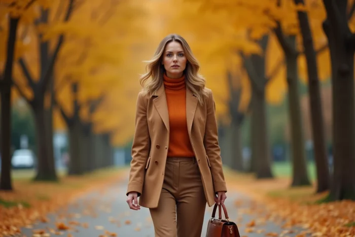 Femme en blazer camel et col roulé rouille marchant dans un parc urbain aux couleurs tendance automne-hiver 2025