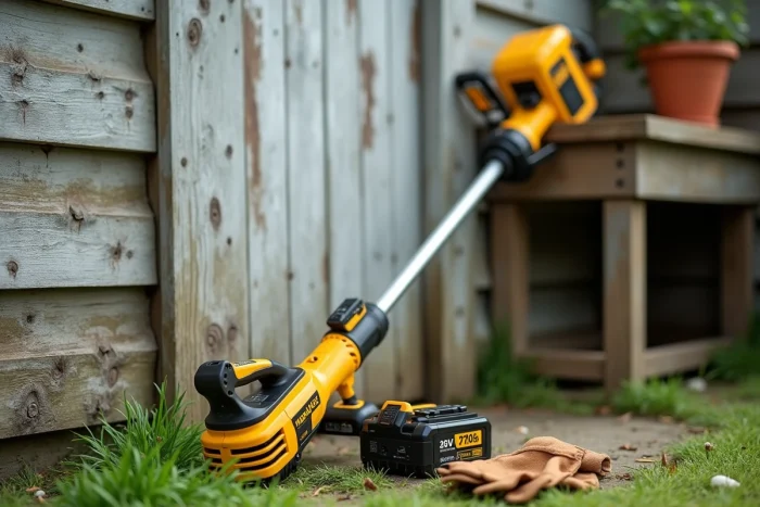 Coupe bordure sans fil Black & Decker GLC3630L20 avec batterie 36V appuyé contre un cabanon de jardin en bois patiné