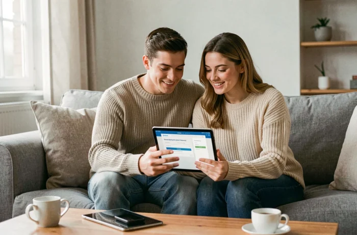 Couple choisissant ensemble la meilleure assurance auto sur tablette dans leur salon