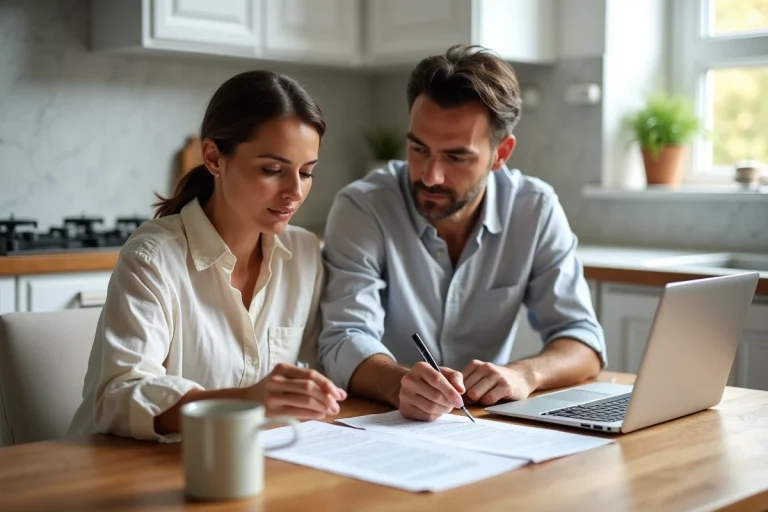 Couple examinant les conditions générales d'un prêt immobilier modulable autour d'une table de cuisine
