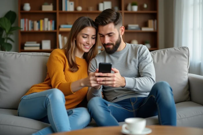 Jeune couple utilisant un smartphone pour faire une demande de prêt personnel en ligne depuis leur salon