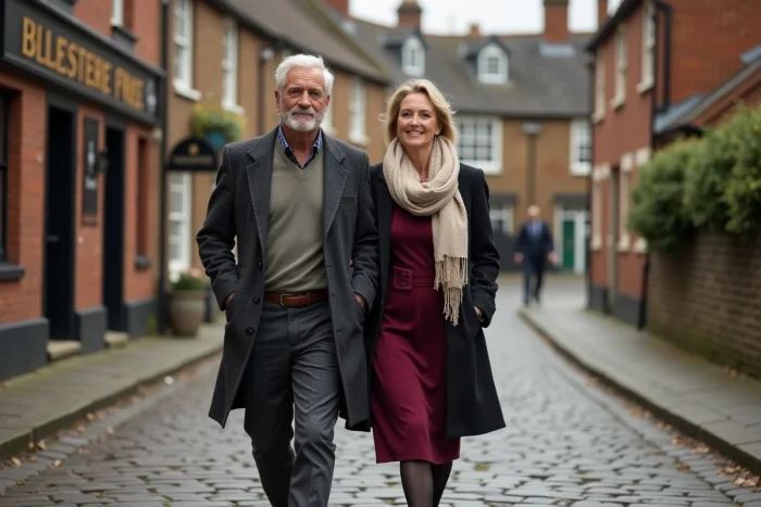 Couple élégant se promenant dans un village anglais pittoresque aux pavés anciens