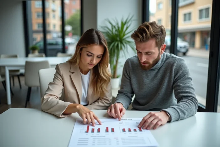 Couple étudiant un tableau récapitulatif des frais de notaire pour l'achat d'une maison dans une agence immobilière moderne