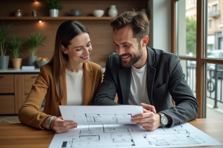 Couple examinant des plans immobiliers et des documents de projet à la maison pour préparer leur achat immobilier