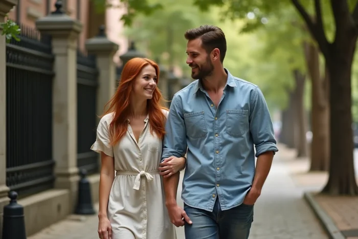 Couple se promenant dans une rue pavée arborée, évoquant la vie privée et le quotidien d'acteurs célèbres