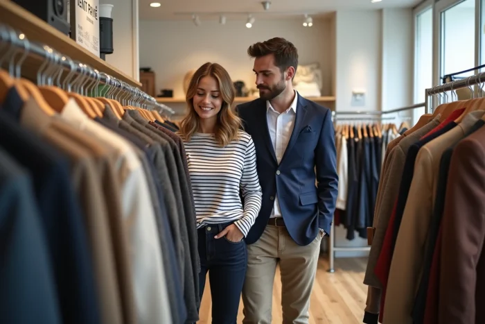 Couple parcourant des vêtements en promotion lors d'une vente privée dans une boutique française