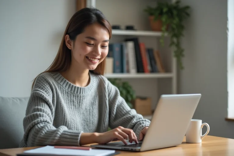 Jeune femme créant un compte en ligne sur un ordinateur portable dans un bureau moderne et lumineux