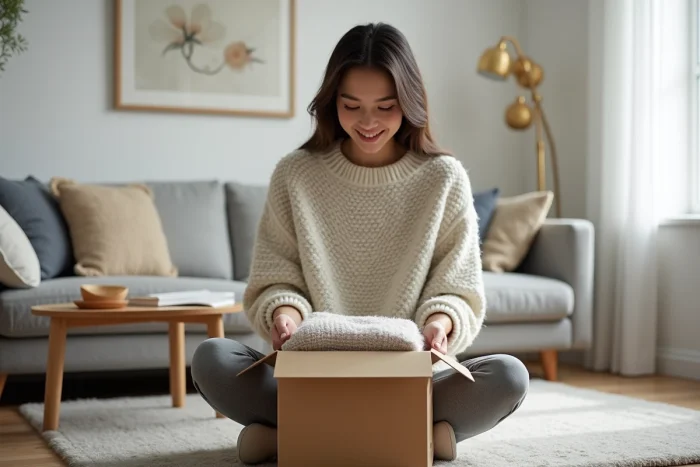 Femme déballant une commande de vêtements Asos livrée en express dans son salon