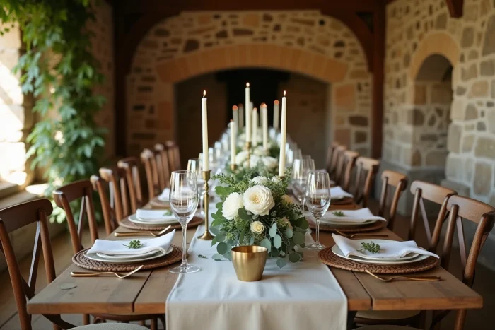 Table de réception de mariage décorée avec des fleurs blanches et de la verdure dans une grange en pierre