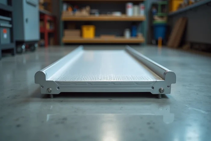 Gros plan sur la surface antidérapante et le profil extrudé d'une rampe de chargement en aluminium posée sur un sol d'atelier